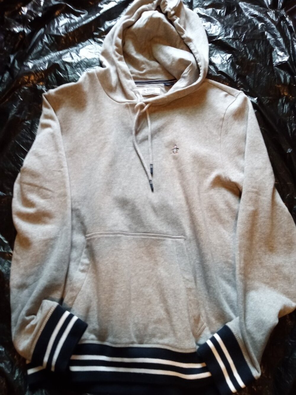 Original Penguin Grey Blue White Stripe Pullover Hoodie Mens Small
